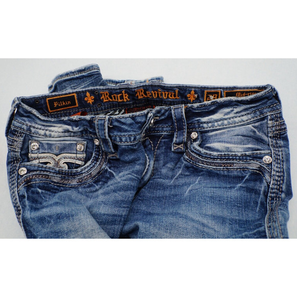 Womens Rock Revival Pilkin Skinny Jeans Size 29 Mid Rise Embellished 29x30 Y2K - Picture 5 of 8